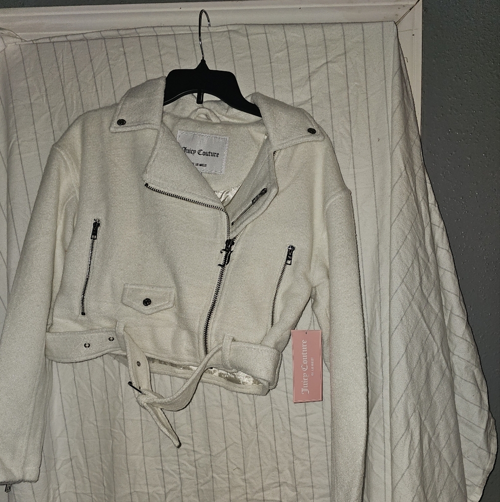 Juicy Couture White Polyester Moto Jacket with Belt